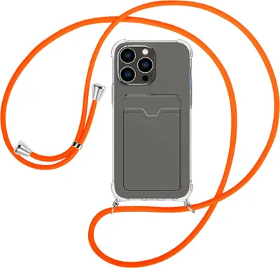 Produktbild von Handykette Backcover-Schutzhülle mit Band (Metall silberfarben) für Apple iPhone 15 Pro Max - neonorange