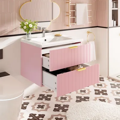 Produktbild von okwish Hängendes Waschtische Badezimmerschränke mit doppelter Aufbewahrung und Keramikwaschbecken,Waschbecken mit Melaminoberfläche,Rosa