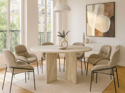 Produktbild von Runder Esstisch für 6 Personen - Beige Travertin-Effekt - TOPANIA
