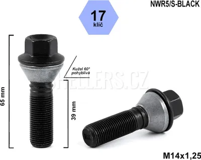 Obrázok produktu pre Skrutka kolieska M14x1,25x39 s pohyblivým kužeľom, kľúč 17, NWR5/S BLK, C17F39-MW-BLACK, výška 65 mm