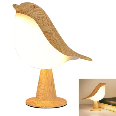 Produktbild von Vogel Tischlampe mit Holzoptik – Wiederaufladbare Nachttischlampe, dimmbar, 3 Farbtemperaturen, mit Duftölöffnung