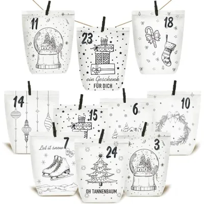 Productafbeelding van Adventskalender om zelf te vullen, 24 papieren zakjes, zelf te maken cadeauszakjes, kraftpapier, voor kinderen en volwassenen, wit/zwart