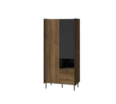 Produktbild von Schrank PRESTON, Hochschrank mit 2 Türen und 2 Schubladen, Wohnzimmerschrank mit Stauraum, Modernes Design, Warmia Nussbaum und Schwarz