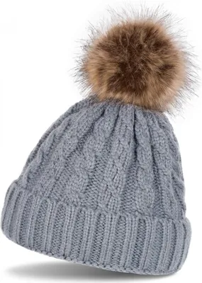 Produktbild von styleBREAKER Zopfmuster Bommelmütze, Strickmütze mit Fellbommel, Winter Beanie Mütze, Uni 04024064