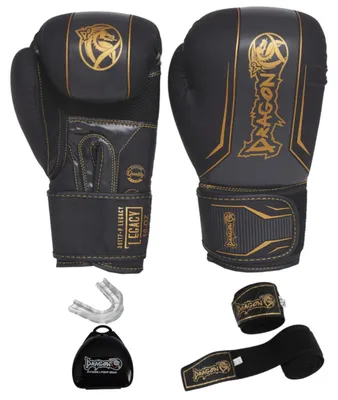Obrázok produktu pre Sada boxerských rukavíc Dragon Legacy, 3 kusy, veľkosti 10-12-14-16 oz, čierno-biele, vrátane 3,5 m čiernych bandáží. Profesionálna sada chráničov zubov pre kickbox, Muay Thai, MMA a sparing (čierna, 14 oz)