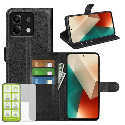 Obrázek produktu pro Pro Xiaomi Redmi Note 13 Pro / Poco X6 Pouzdro na mobilní telefon černé z umělé kůže + tvrzené sklo H9