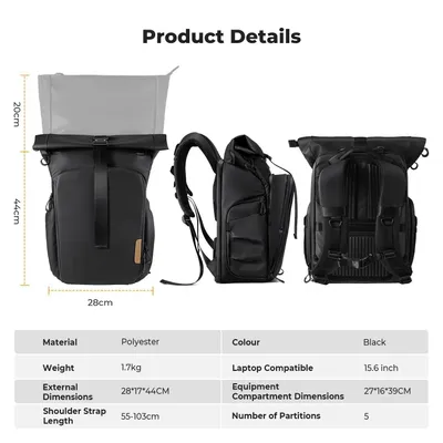 Obrázek produktu pro Fotobatoh – rozšiřitelný batoh na fotoaparát 20–25 l – voděodolný polyester – přihrádka na zrcadlovku a objektivy – přihrádka na notebook 40 cm – pláštěnka