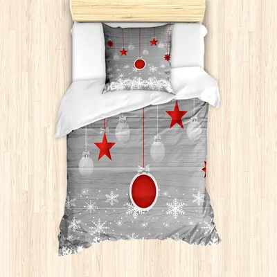 Produktbild von ABAKUHAUS Weihnachten Mantele, Sterne-Flitter Schnee, Milbensicher Allergiker geeignet mit Kissenbezügen, 135 cm x 200 cm - 80 x 80 cm, Grau, Rot, Weiß