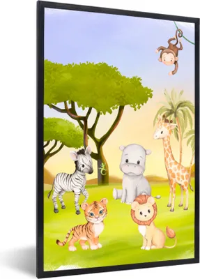 Produktbild von MuchoWow® Gerahmtes Poster Dschungel - Tiere - Kinder 60x90 cm - Poster mit Schwarzem Bilderrahmen Wandposter Rahmen Foto Bilder - Kunst