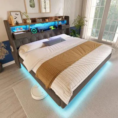 Immagine prodotto di Letto imbottito 180x200 cm con spazio contenitore a sollevamento idraulico, testiera con vani portaoggetti, prese USB e USB-C, illuminazione LED e rivestimento in velluto color beige