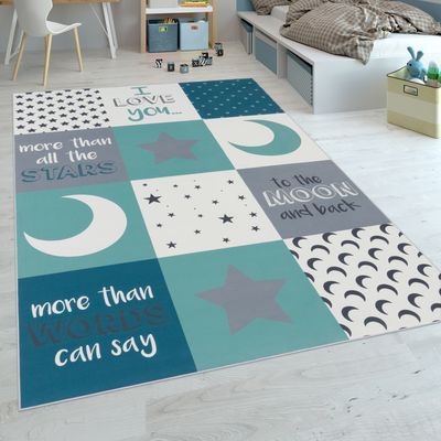 Kinderteppich Kinderzimmer Jungen Herzen Sterne Mond Spruch Blau Grau Grösse 120x160 cm