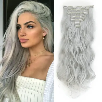 Immagine prodotto di Estensioni per capelli a clip, 7 pezzi, 16 clip, onde, 50 cm, grigio chiaro