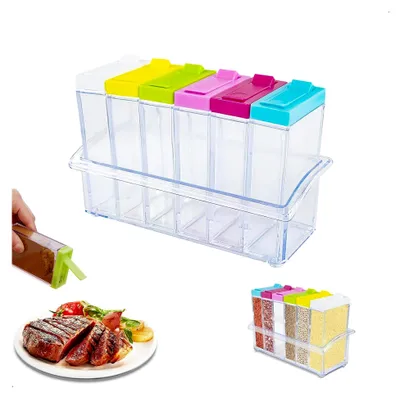 Produktbild von Eckige Gewürzgläser im 6er-Set mit Tablett für Camping und Küche