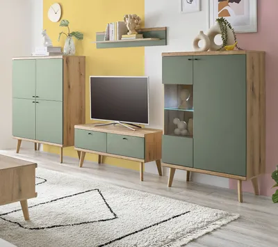 Produktbild von Wohnwand "Juna" in Salbei und Eiche Wohnkombination skandinavisch 4-teilig 324 cm