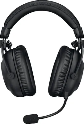 A black Logitech PRO X Wireless 2 gaming headset with a microphone is shown against a white background.