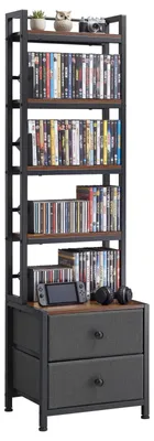 Zdjęcie produktu dla Regał na multimedia i płyty DVD – regał stojący – 4 półki i 2 szuflady – zajmuje mało miejsca – na płyty CD, DVD, książki i gry – 40 x 30 x 143,5 cm – czarny