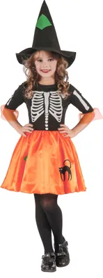 Produktbild von Hexenskelett-Mädchenkostüm Zauberin schwarz-orange - 122/134 (7-9 Jahre)