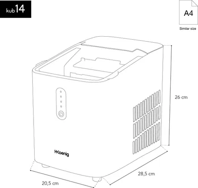 Produktbild von H.Koenig KB14 Eismaschine, Leistung 120 W, täglich 12 kg, Produktionszyklus 10/13 min, 2 Würfelgrößen, Wasserschalenkapazität 2,1 l, LCD-Bildschirm, Edelstahl, grau
