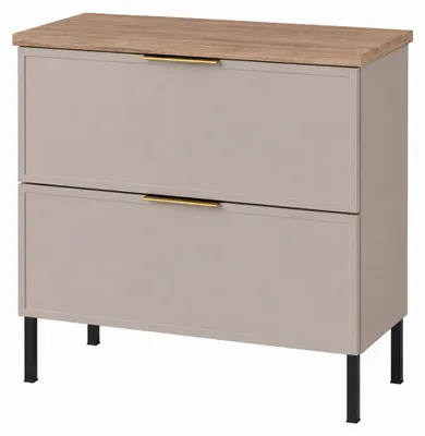 Produktbild von Badezimmerschrank stehend 60, gerillte Front 18 mm, Kaschmir + Platte helle Eiche, Kunststoffgriffe, quadratische Füße 20 cm, 60 x 4, KI-generiertes Bild