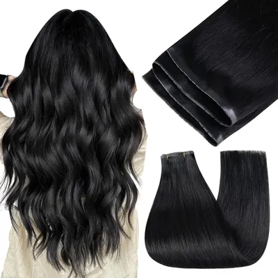Productafbeelding van Haarverlenging, echt haar, zwart, vlinderweefsel, 100 gram, 50 cm, Polyurethanweefsel