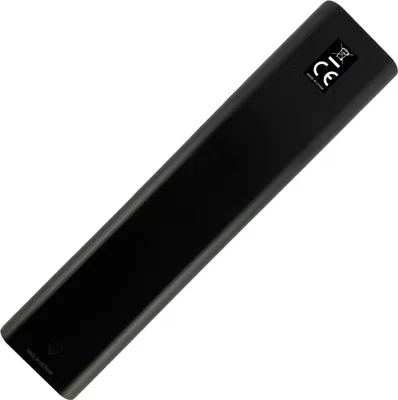 A black remote control is shown against a white background.