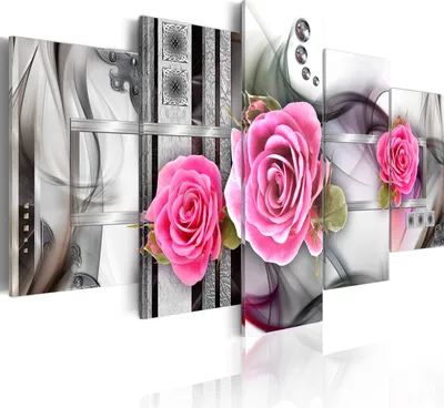 Produktbild von Leinwandbilder Abstrakt 200x100 cm Vlies Leinwandbild 5 tlg Kunstdruck modern Wandbilder XXL Wanddekoration Design Wand Bild - Blumen Rose grau Perlen 020110-117