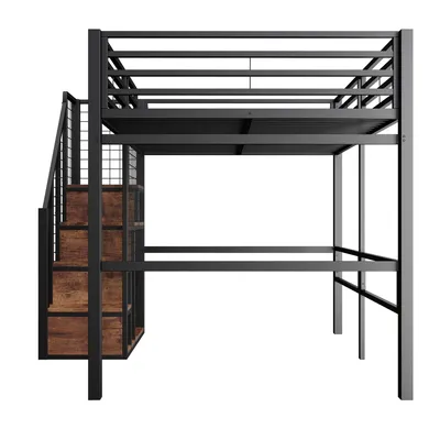 Produktbild von okwish Etagenbett Stockbett 140x200cm mit Stauraumleiter, Hochbett mit Rausfallschutz, Metallbett Kinderbett Bettgestell mit Lattenrost und Ablagefläche, Schwarz