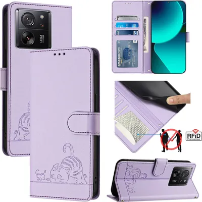 Produktbild von Leder Hülle für Xiaomi 13T / 13T Pro /Redmi K60 Ultra Süße Katze Flip Case Brieftasche Schutzhülle mit Standfunktion Lila