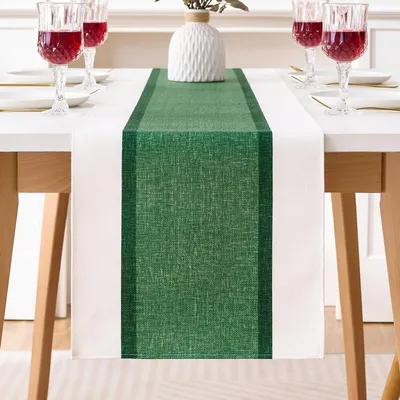 Zdjęcie produktu dla Bieżnik stołowy, wodoodporny, mieszanka lnu i bawełny, w paski, zielony, 40x140 cm