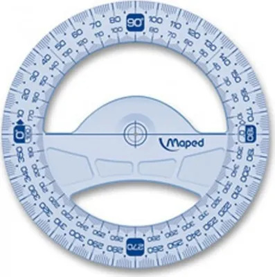 A circular protractor with degree markings.