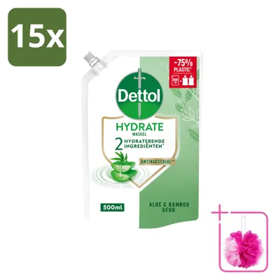 Productafbeelding van 15 x Dettol Handzeep Navulverpakking Hydrate - Aloë Vera & Bamboe - 500 ml - Voordeelverpakking - 15 stuks