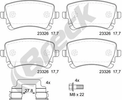 Produktbild von BRECK Bremsbeläge Satz Hinten Bremsklötze für VW Transporter V Bus (7HB, 7HJ, 7EB, 7EJ, 7EF, 7EG, 7HF, 7EC) 23326 00 702 00
