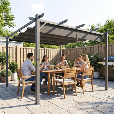 Image de Pergola de jardin, 3 x 3 m, toit rétractable, structure en aluminium, gris foncé