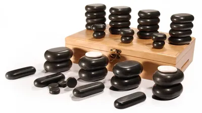 Productafbeelding van Massagesteen Hete massagestenen - 40 stuks - Basalt - Set met bamboekist