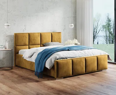 Produktbild von Doppelbett mit Metallgestell Quatro, Bett mit Gashebebühne, velour (Stoff: kronos 01 - senfgelb, Große: 160x200 cm)