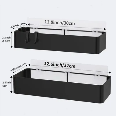 Image de Étagères murales pour salle de bain - Rangement de douche - Fixation murale sans perçage - 2 niveaux - Acier inoxydable - Avec 4 crochets - Noir