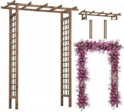 A wooden garden pergola decorated with pink flowers, shown with additional components.