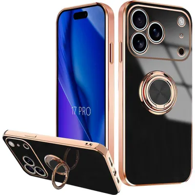 Image de Coque pour iPhone 17 Pro, Protection Silicone Antichoc avec Anneau Rotatif - Noir