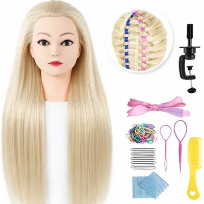 Produktbild von Trainingskopf mit Tischklemme - Friseurkopf – Übungskopf Friseur –Puppenkopf - Blondes Haar - 70 cm