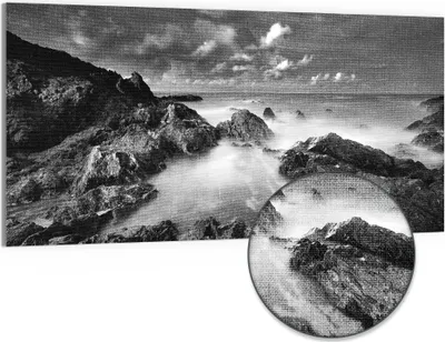 Produktbild von DEQORI Hybrid Leinwand Bild 100x50 cm 'Küstennebelgeflüster' Wandbild Glas flach modern