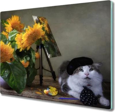 Produktbild von Coloray Herdabdeckplatte 60x52 cm Schneidebrett Kochplattenabdeckung Küchenbrett Hackbrett - Blumen Katze