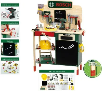 Produktbild von Bosch Werkbank für Kinder von Klein, Holz mit elektronischem Schrauber, Werkzeugkoffer, Konstruktionsset, ab 3 Jahren