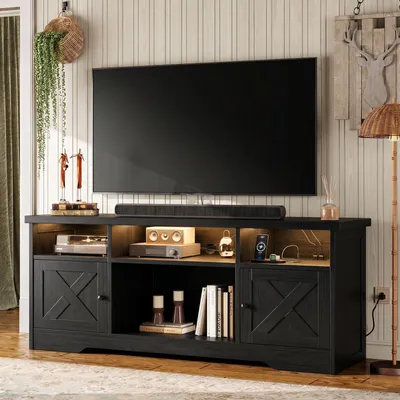 TV-Möbel mit Steckdosen, USB und LED, 150x35x65 cm, Schwarz