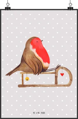 Produktbild von Mr. & Mrs. Panda Bild Rotkehlchen Schlitten DIN A2 - Grau Pastell - Geschenk, wanddeko, Weihnachten, Vogel, Plakat, Wanddekoration, drucke, Kunstdruck