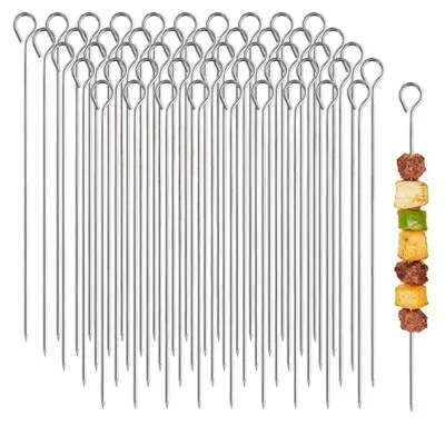 Zdjęcie produktu dla 100 szaszłyków ze stali nierdzewnej, o długości 30 cm - wielokrotnego użytku, idealne do grillowania