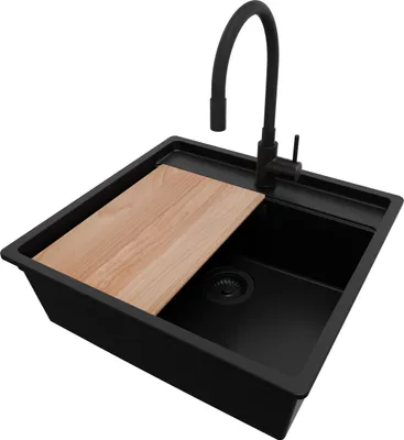 Produktbild von PRIMAGRAN Unterbauspüle Granit Alles Schwarz 56x53cm, Spülbecken 1 Becken + Ablauf-Set + Küchenzubehörset, Granitspüle ab 60er Unterschrank - Bergen