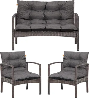 Immagine prodotto di Set di 3 cuscini per sedie e panche in stile lounge, cuscini da esterno per mobili in rattan, 2 cuscini per sedia + 1 cuscino per panca, grigio scuro