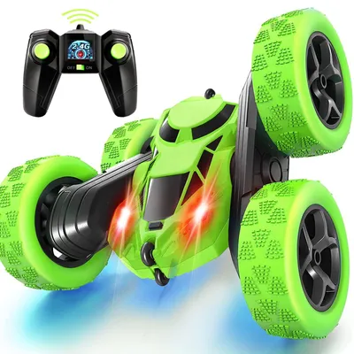 Productafbeelding van Afstandsbedieningsauto, 90 minuten speelduur, 2400 MHz, dubbelzijdig, 360° draaibare RC stuntauto met koplampen, 4WD, geschikt voor off-road gebruik, drift RC auto speelgoed, groen