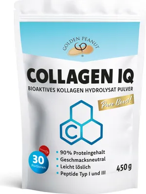 Produktbild von Collagen IQ von GOLDEN PEANUT 450 g Hydrolysat Peptide Pure Boost Proteinpulver bioaktiv staubfrei top löslich und geschmacksneutral
