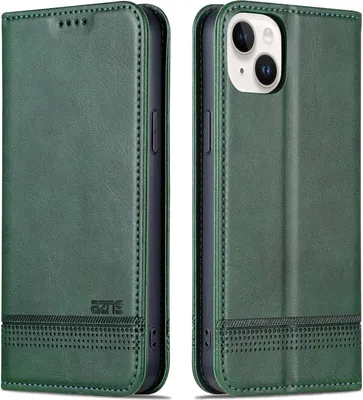 Immagine prodotto di custodia per iPhone 15, portafoglio con chiusura magnetica e supporto, custodia in pelle flip per iPhone 15 verde